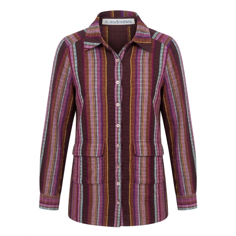Alix of Bohemia Purple Multi Striped Cotton Longline Shirt Jacket Small 01172‎